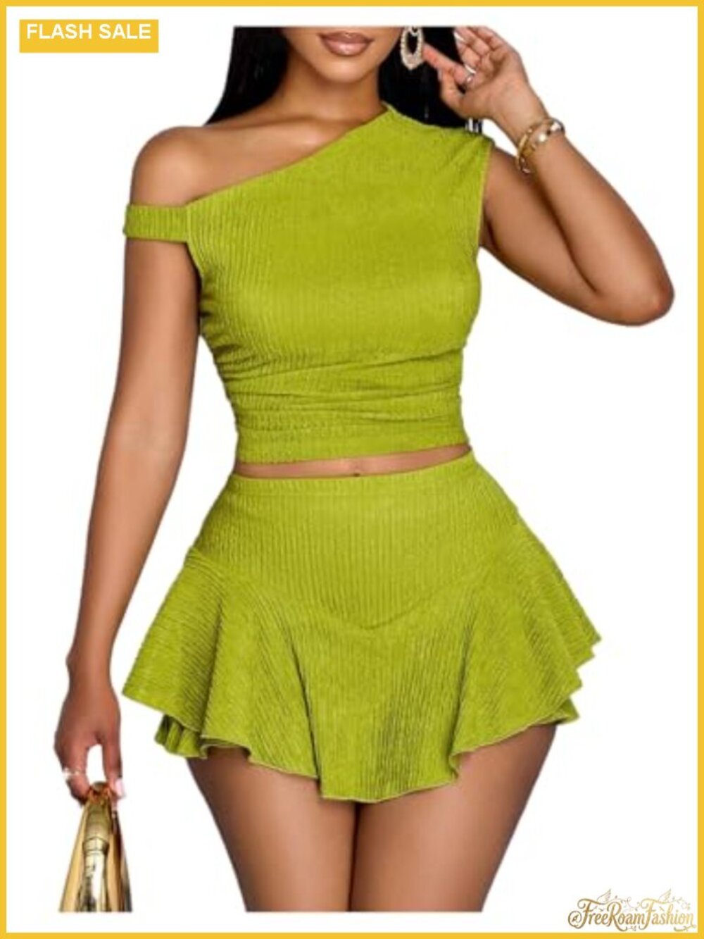 2 Piece Skirt Set Sleeveless Crop Top Double Ruffle Hem Vacation